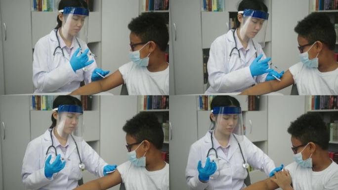 亚洲护士为戴着眼镜和口罩的拉丁男孩制造疫苗