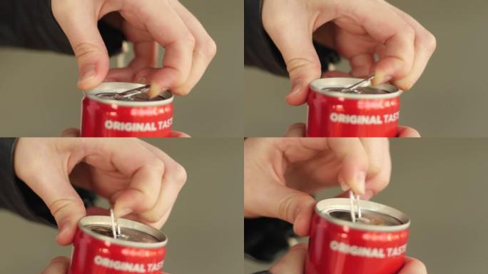 打开可乐碳酸饮料罐青少年女孩手指特写慢动作