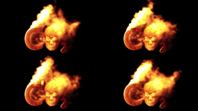 黑色背景上燃烧着人类头骨的文本二氧化碳，孤立循环视频