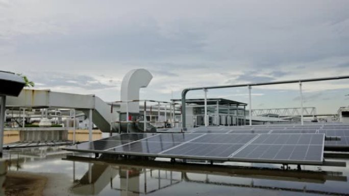 太阳能电池板安装在建筑物上。节电环保的技术