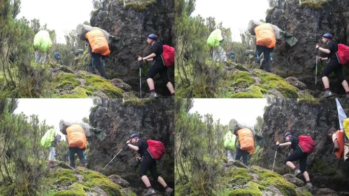 徒步旅行者在向导的带领下登上希拉营地，一群搬运工头上顶着沉重的设备