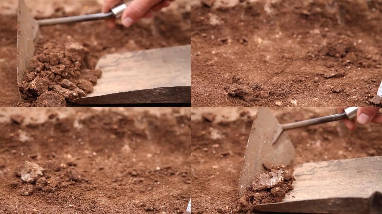 考古学家在历史遗迹上使用抹刀和铲子