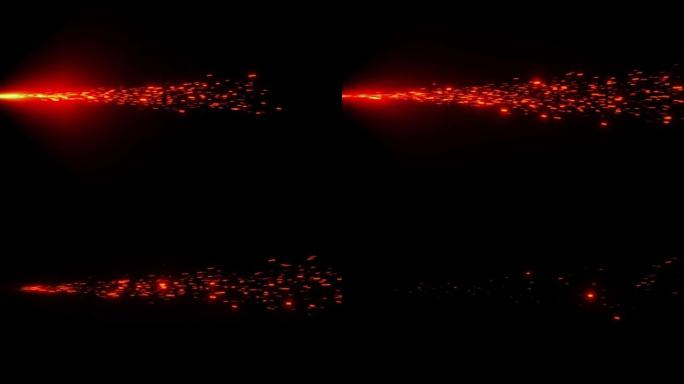 抽象粒子发射火花运动火焰，从左至右发射惊人的飞行余烬。火余烬背景装饰。孤立的黑色背景。4K 3D插图