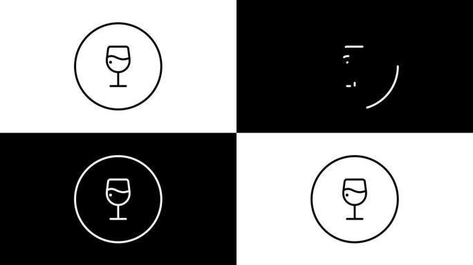 酒杯，葡萄酒饮料，饮料酒精饮料，庆典，菜单，轮廓图标，黑白，矢量插图，视频动画，自画