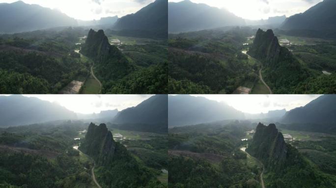 无人驾驶飞机在老挝万昂的南克赛景景和美丽的石灰岩山景