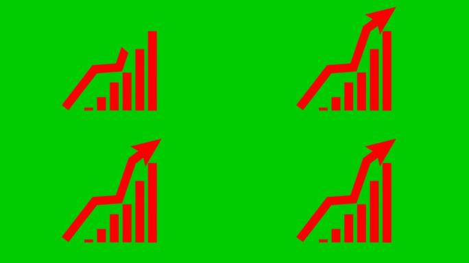带有趋势线图的动画财务增长图。红色经济增长条形图。矢量插图孤立在绿色背景上。