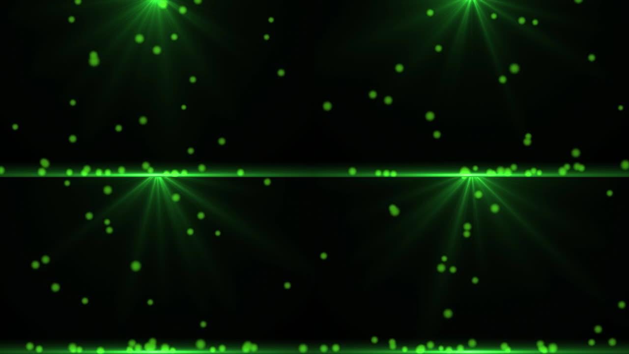 4k分辨率透明粒子弹跳和散布地板数字背景，阿尔法通道，叠加，弹跳和爆炸发光的绿色粒子球，慢慢落下击中