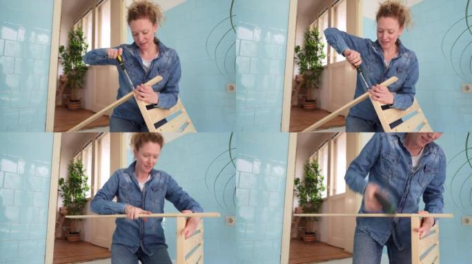 在厨房组装木架子时，女人使用电动螺丝刀