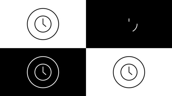 圈内时钟线图标，时间黑白轮廓，线图标动画。