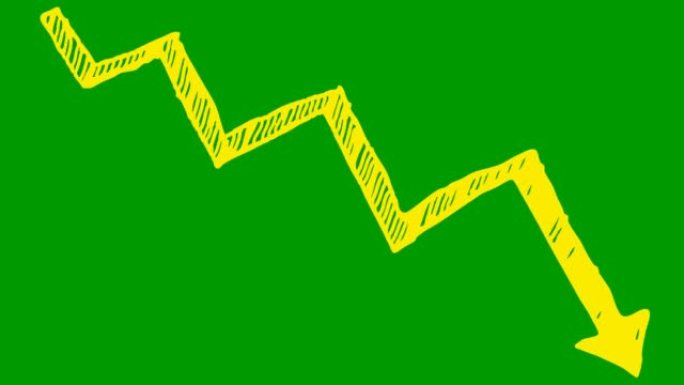 动画黄色箭头。经济衰退图表。经济危机，衰退，下降图。利润下降。手绘矢量插图孤立在绿色背景上。