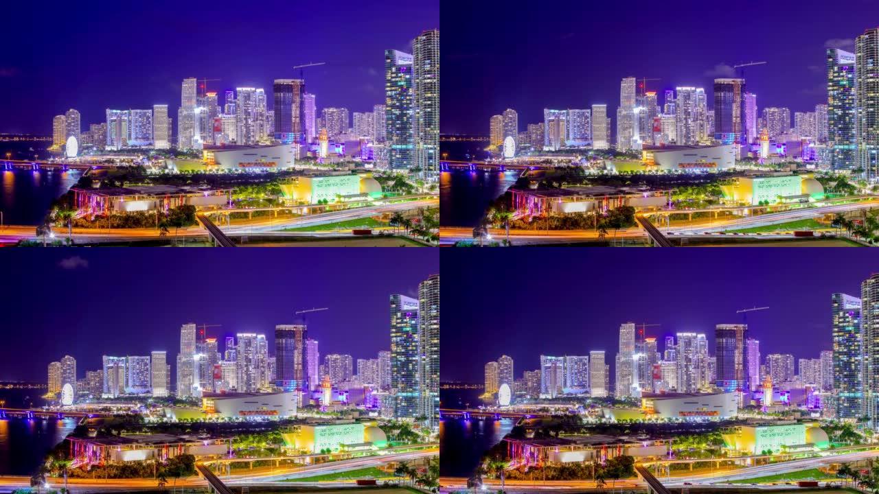 佛罗里达州迈阿密市中心夜景延时大厦夜大楼