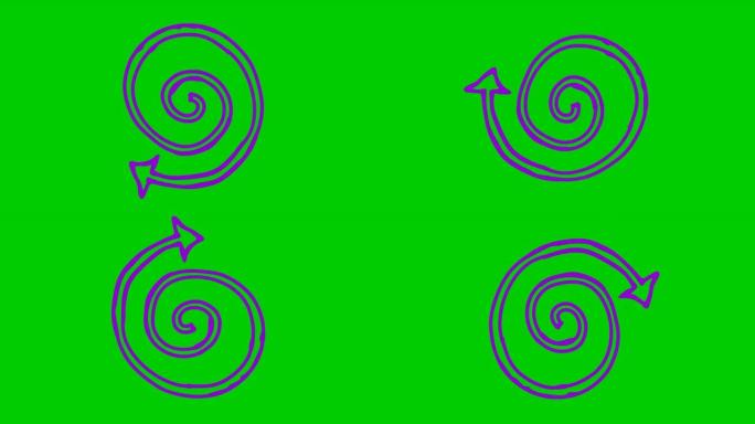 螺旋箭头旋转的动画图标。紫罗兰符号旋转。循环视频。手绘矢量插图孤立在绿色背景上。