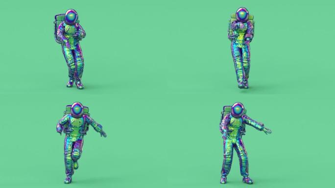 超现实的舞蹈宇航员或太空人穿着太空服，未来科幻宇宙银河背景，3d渲染现代时尚当代创意动画，无缝循环插