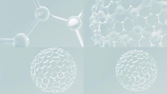 富勒烯碳分子或布基球模型。分子结构动画。