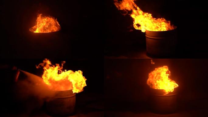 生锈的旧桶内燃烧的火