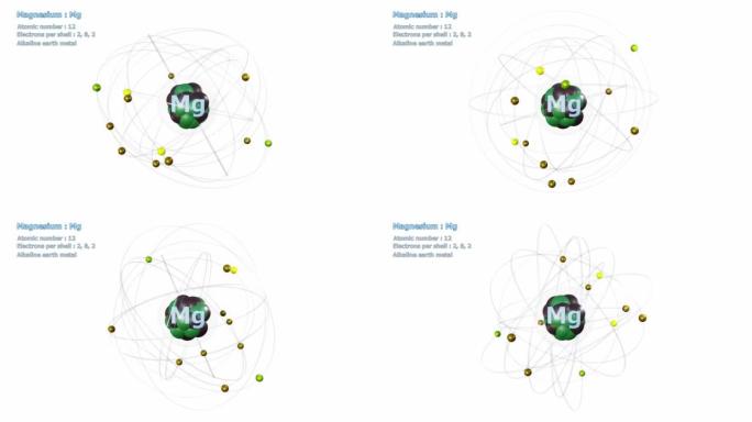 具有12个电子的镁原子在白色上无限轨道旋转