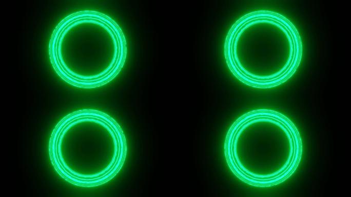 黑色背景上带有圆形循环设计的3D霓虹灯环动画