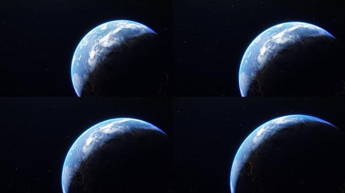 银河动画中带有辉光星particles的地球现实空间视图。来自太空的地球。摄像机飞向地球。星星在地球