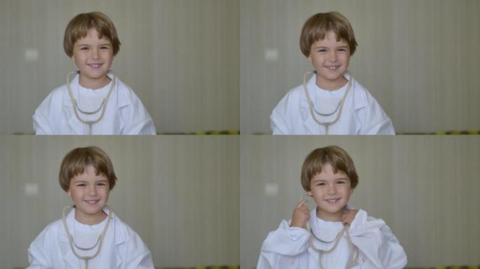 创意有趣的小男孩穿着医疗制服听诊器玩游戏当医生，假装医生护士。肖像可爱的小男孩穿着医疗制服在家医院玩