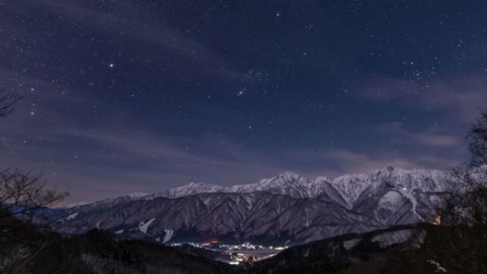 星空从白场村下沉到雪的北阿尔卑斯山