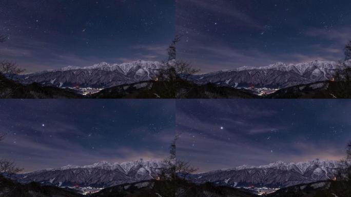 星空从白场村下沉到雪的北阿尔卑斯山