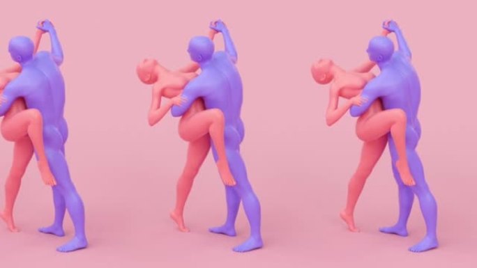 现代简约时尚超现实3d渲染插图，摆姿势迷人的模特模型，人类年轻角色雕像，跳舞浪漫情侣，爱情和激情概念