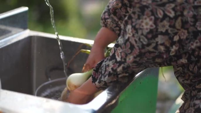 一个女人在洗收获的洋葱