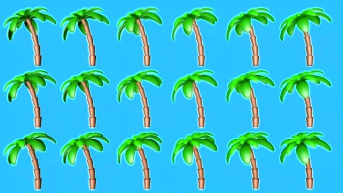 蓝色背景上的棕榈树的背景，旋转的。明亮的夏天背景。