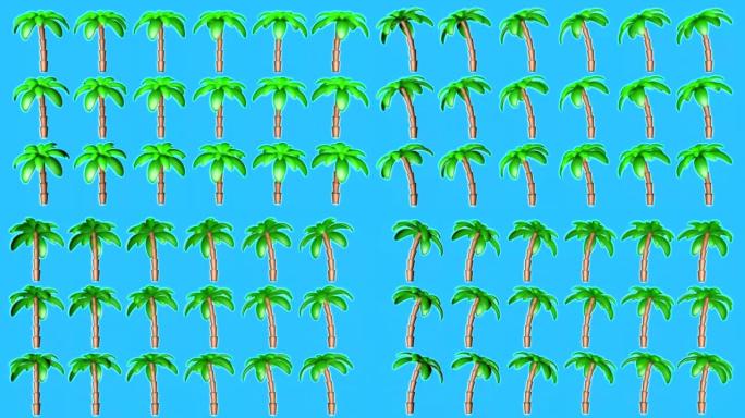 蓝色背景上的棕榈树的背景，旋转的。明亮的夏天背景。