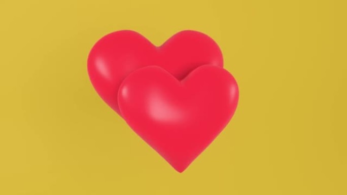 两颗红色的心在黄色背景上一起跳动。爱，感情，互惠的概念。