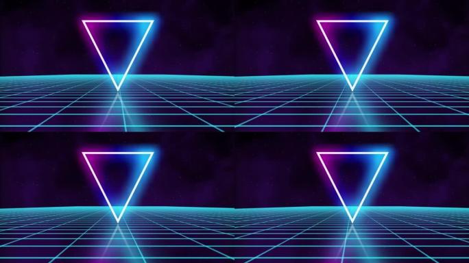 三角合成波复古未来无缝动画游戏网格。氖数字三角合成波线框景观。空间全高清动画