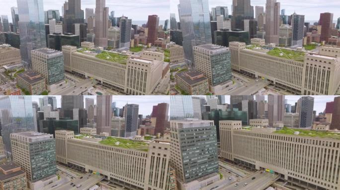 多车道穿过多层建筑，顶部有绿色区域。从鸟瞰图看美国伊利诺伊州芝加哥的迷人建筑。
