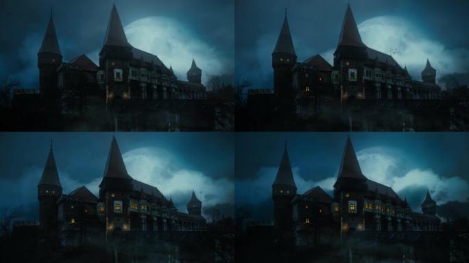 夜晚的古老中世纪城堡，背景是大满月，乌鸦飞过