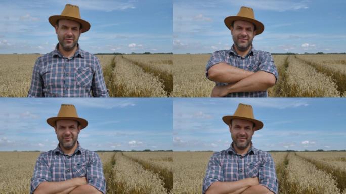 肖像高加索农民男子穿着帽子的格子衬衫看着相机。农田早晨景观农业。肖像农民留着帽子的男人站在麦田里。农