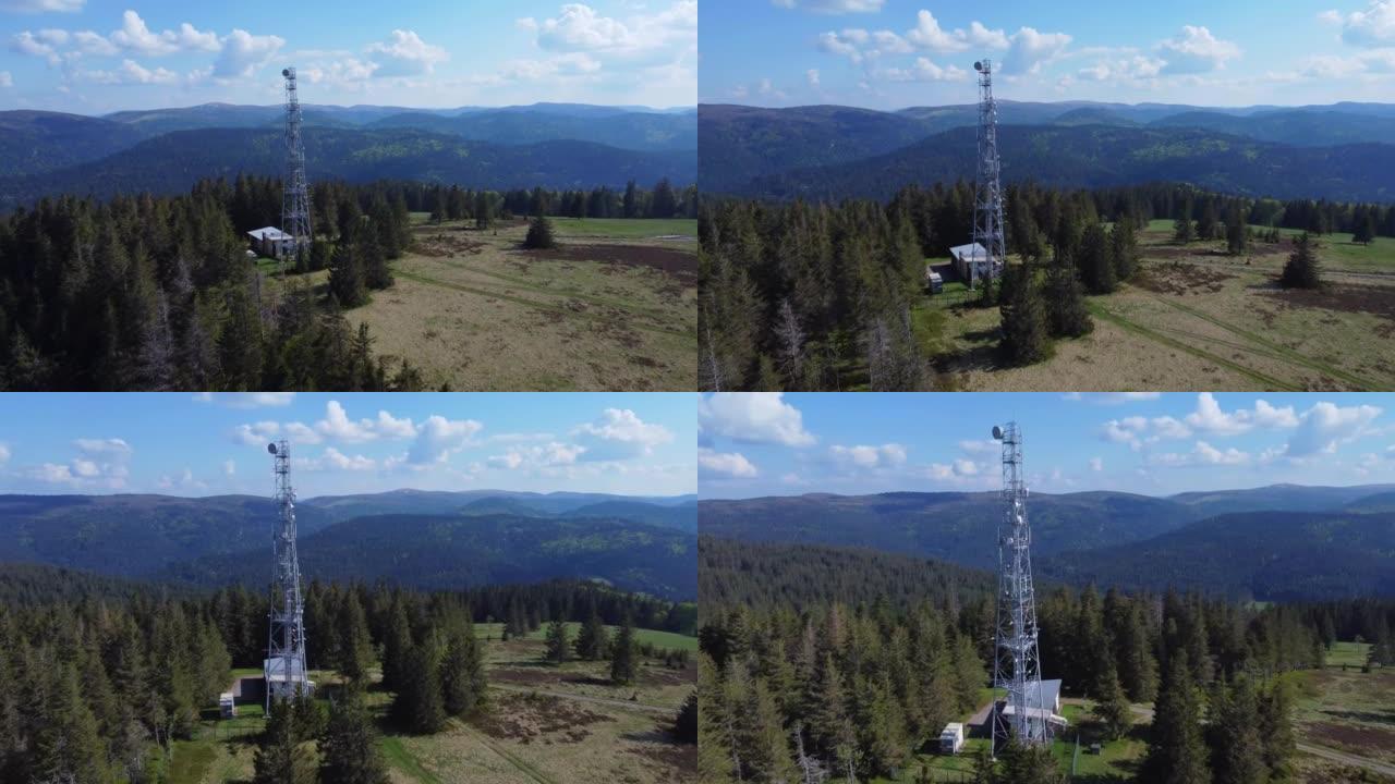 在法国塞里沙普孚日4K的山区森林中，围绕一个高5g电信天线桅杆塔的空中低轨道运行
