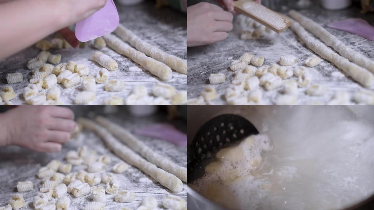 做自制意大利面或棍子的女人。闭上手揉捏面团，并通过在表面上滚动面团来制作马铃薯面。