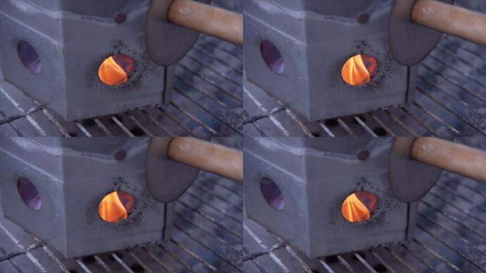 用烟囱启动器-烧烤启动器 (4K-特写) 点燃木炭烤架