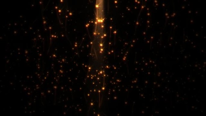循环运动图形光学耀斑光金色闪耀在顶部，发光闪耀橙色粒子尾迹在黑色背景上流动。无缝循环动画。寒假背景概