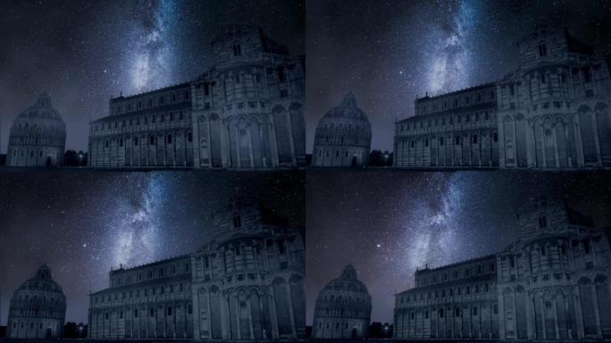 比萨古迹上的银河系和流星，延时