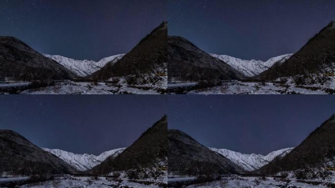 星空从白场村下沉到雪的北阿尔卑斯山