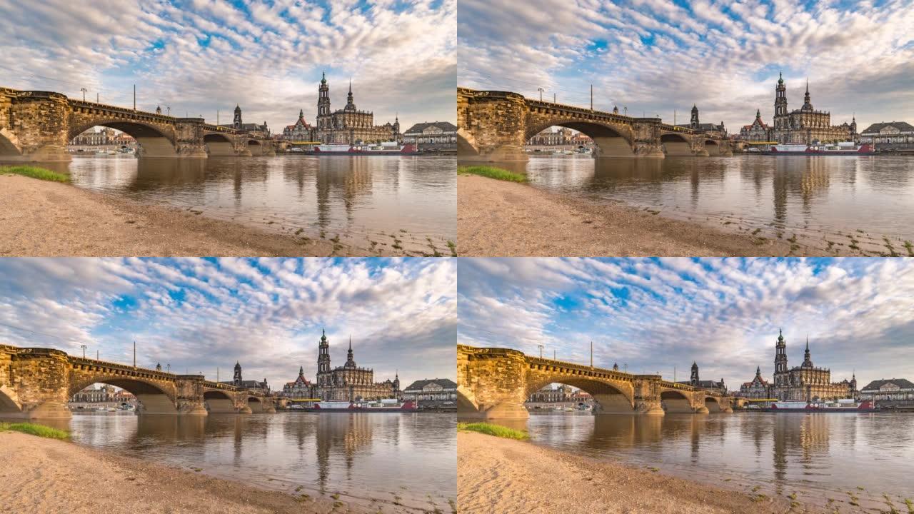 德累斯顿德国时间流逝4K，易贝河和奥古斯都大桥的城市天际线延时