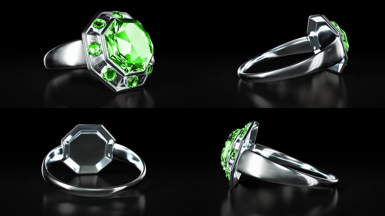 银戒指与绿色翡翠宝石旋转，孤立，虚构循环视频