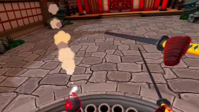 VR第一人称游戏，玩家在空中用剑切开水果。