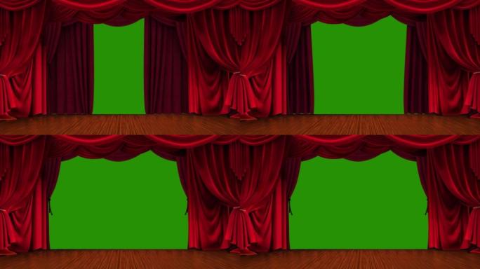 剧院舞台绿色屏幕上的红色窗帘