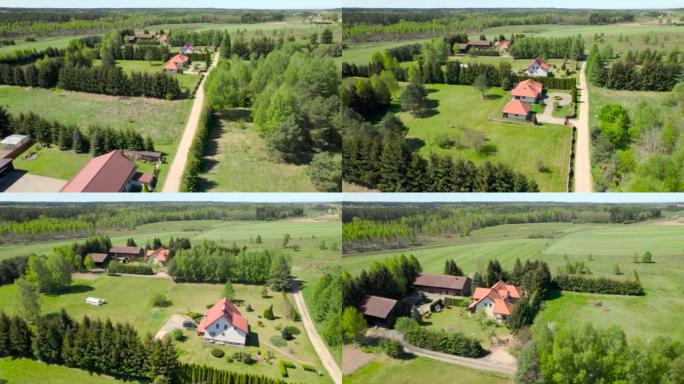 从绿色波兰村鸟瞰图房屋和周围环境。鸟瞰树木和房屋之间的乡村道路。波兰迷人的欧洲小村庄场景，道路和农场