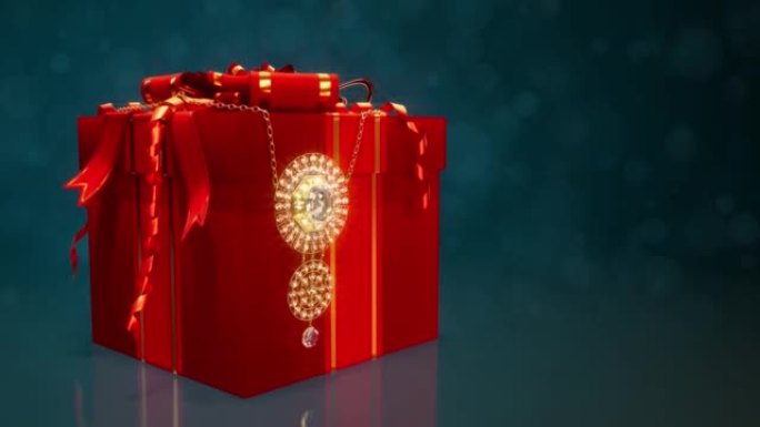 豪华红色惊喜礼品盒，带钻石金色项链