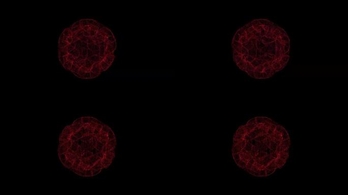 3D抽象外星球体在黑色背景上旋转。由红色闪烁粒子组成的物体60 FPS。科学概念。标题、演示文稿的抽