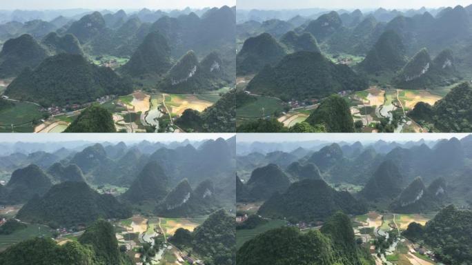 越南曹邦Trung Khanh区Phong Nam的稻田和千山奇形山的空中无人机视图