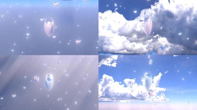 旋转闪亮的爱心形状漂浮在闪亮的多云天空-4k无缝VJ循环运动背景动画