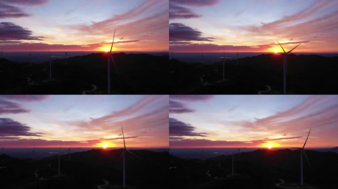 航拍日出風力發電機